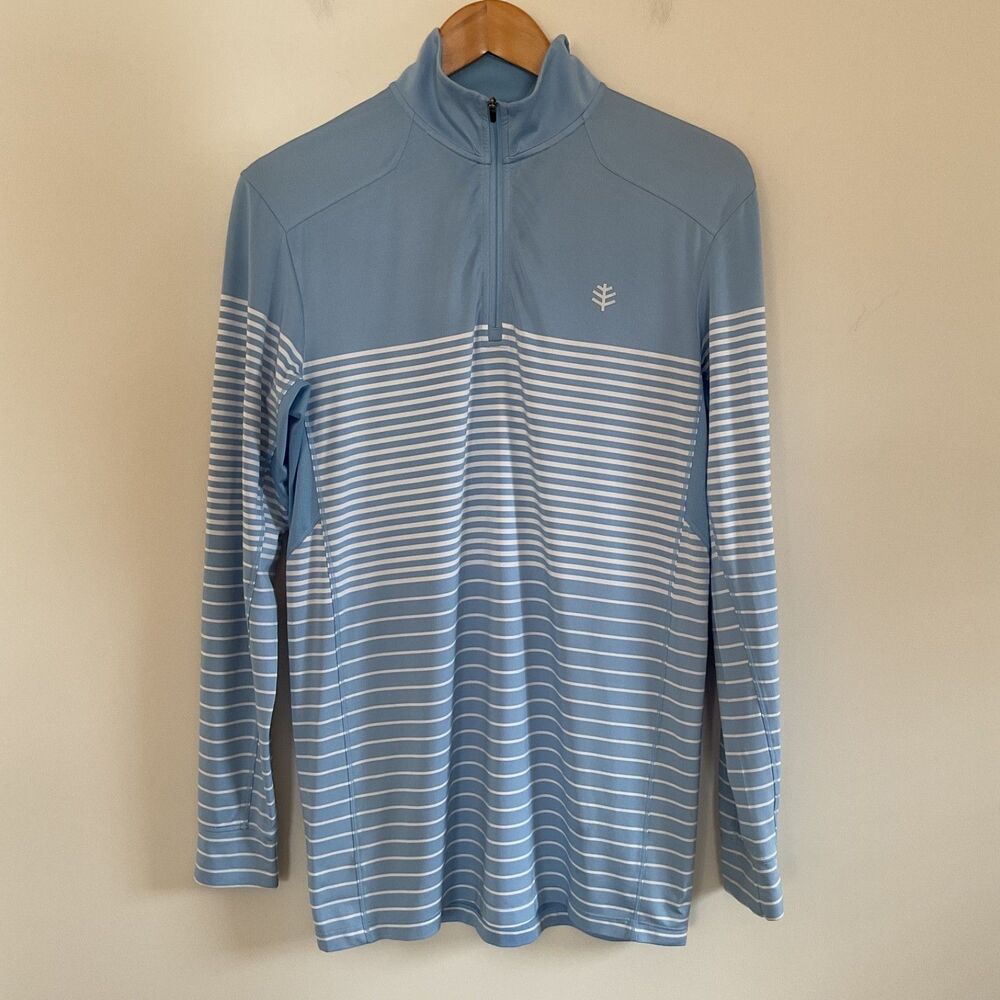 Coolibar Agility Performance Pullover UPF 50+ Mens Sz S Blue Striped 1/4 Zip